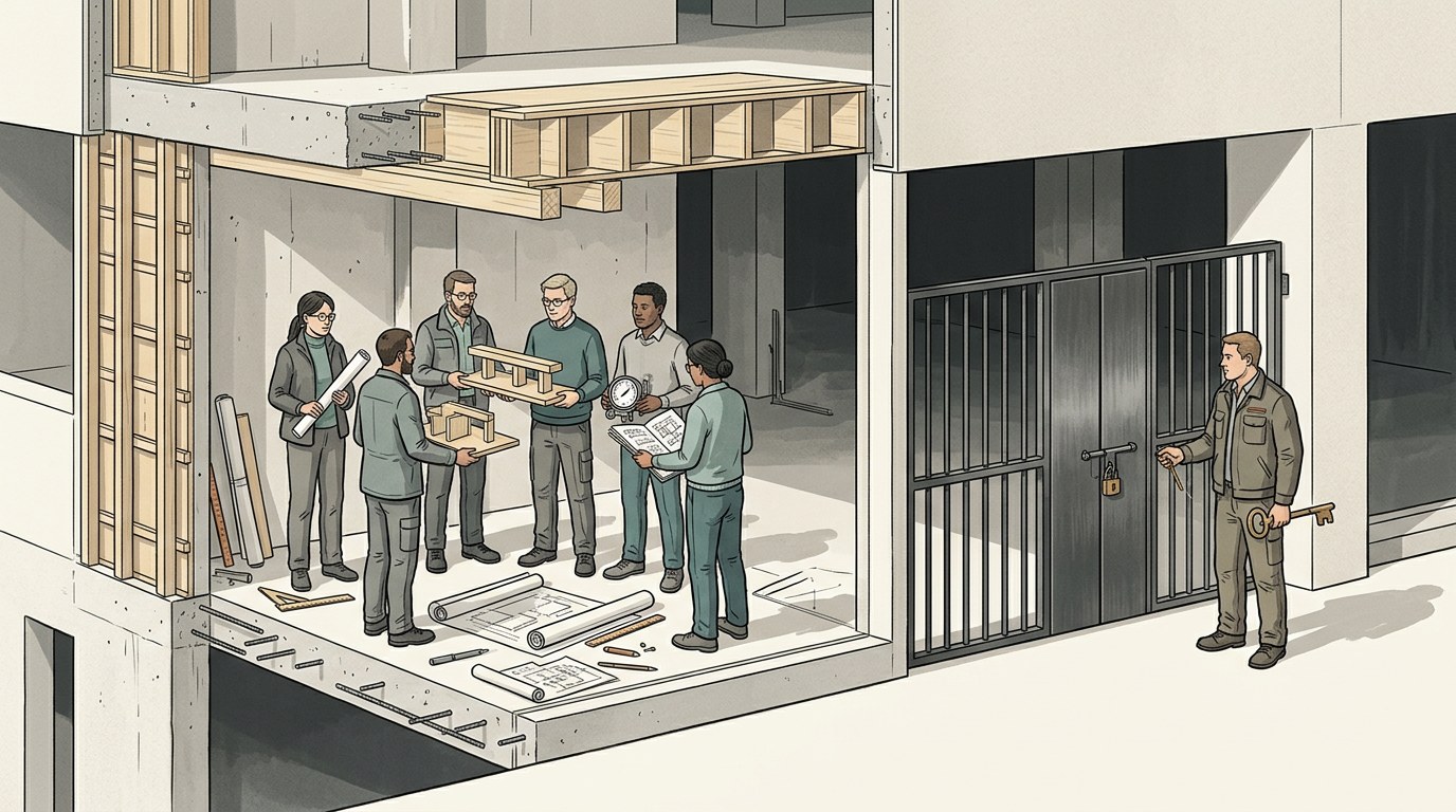 Cutaway illustration of a nearly completed building, with architects examining structural models on one side and an independent inspector controlling the locked entrance on the other.