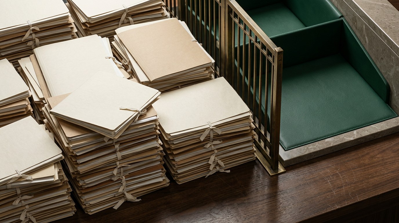 More than a hundred blank cream-coloured folders are stacked before a closed brass gate, with an empty lawbook stand visible beyond it.